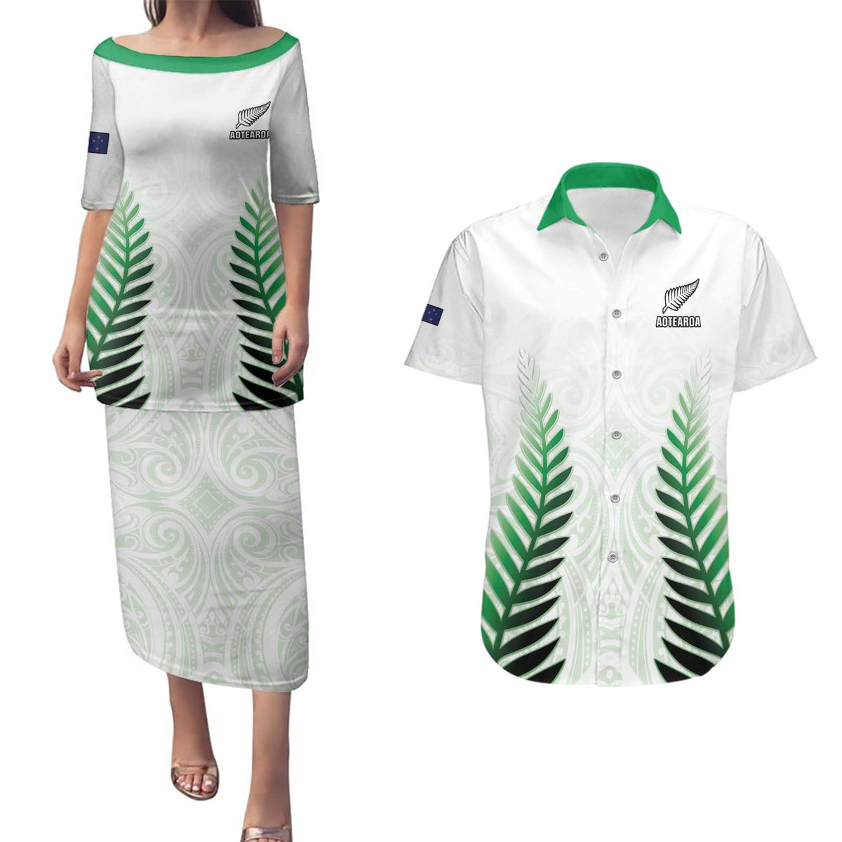 Custom New Zealand Fern Football Couples Matching Puletasi and Hawaiian Shirt Simple Style LT05 White - Polynesian Pride