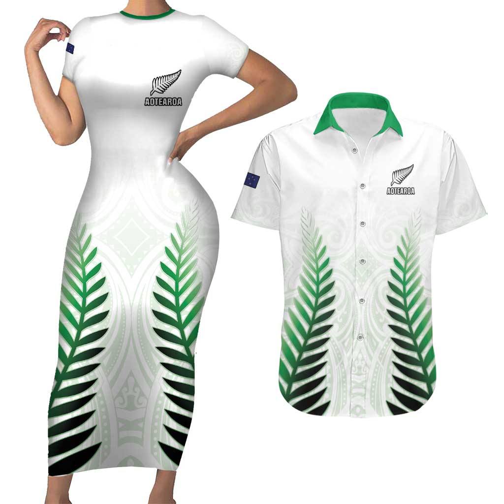 Custom New Zealand Fern Football Couples Matching Short Sleeve Bodycon Dress and Hawaiian Shirt Simple Style LT05 White - Polynesian Pride