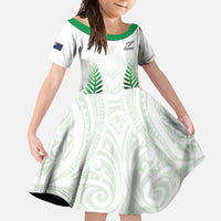 Custom New Zealand Fern Football Family Matching Long Sleeve Bodycon Dress and Hawaiian Shirt Simple Style LT05 Daughter's Dress White - Polynesian Pride