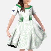 Custom New Zealand Fern Football Family Matching Off The Shoulder Long Sleeve Dress and Hawaiian Shirt Simple Style LT05 Daughter's Dress White - Polynesian Pride