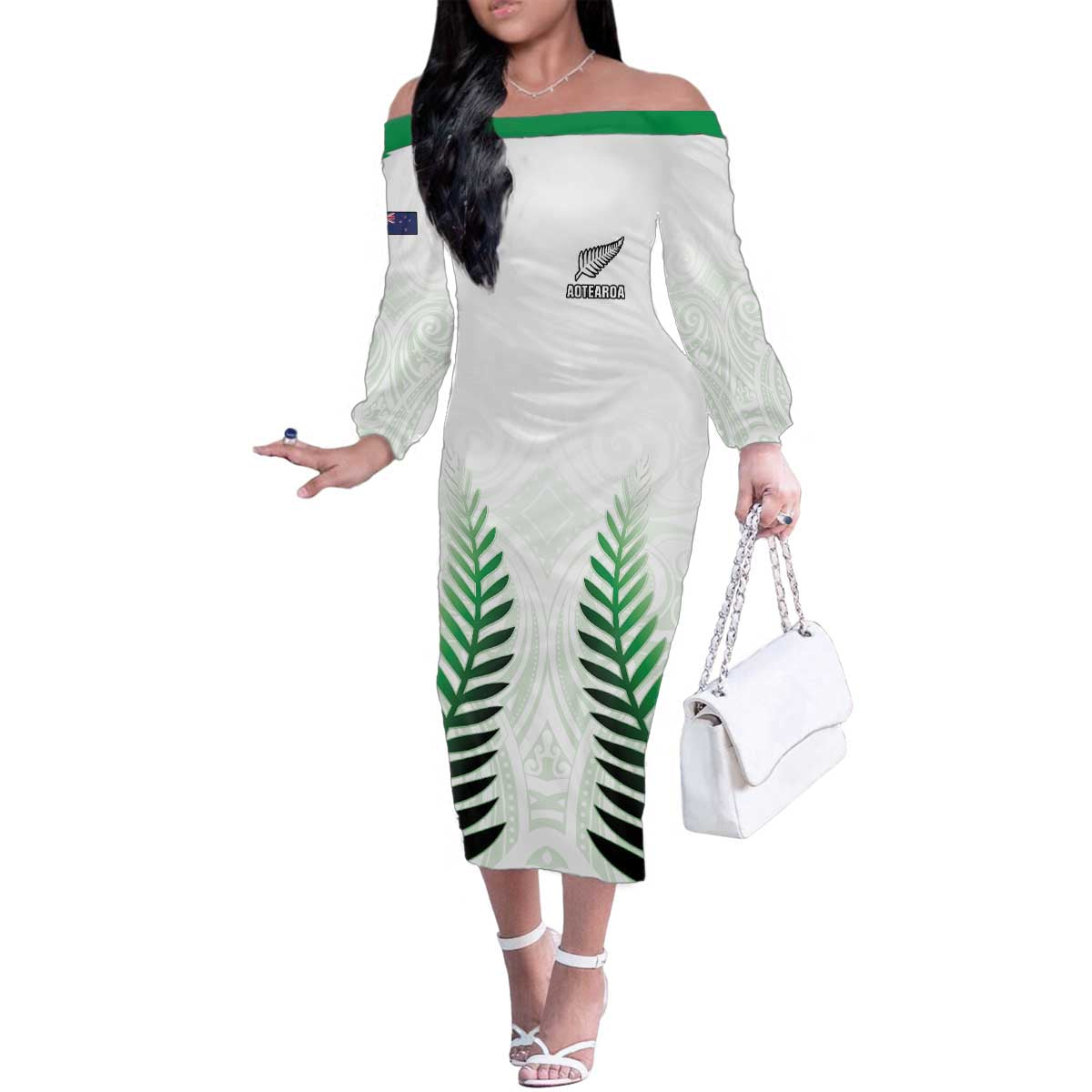 Custom New Zealand Fern Football Family Matching Off The Shoulder Long Sleeve Dress and Hawaiian Shirt Simple Style LT05 Mom's Dress White - Polynesian Pride