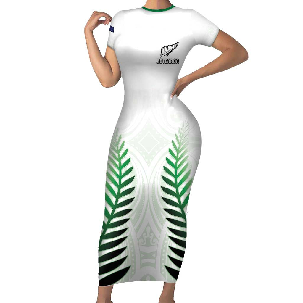 Custom New Zealand Fern Football Family Matching Short Sleeve Bodycon Dress and Hawaiian Shirt Simple Style LT05 Mom's Dress White - Polynesian Pride
