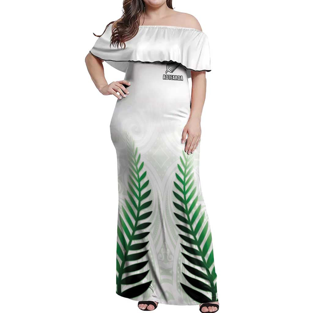 Custom New Zealand Fern Football Off Shoulder Maxi Dress Simple Style LT05 Women White - Polynesian Pride