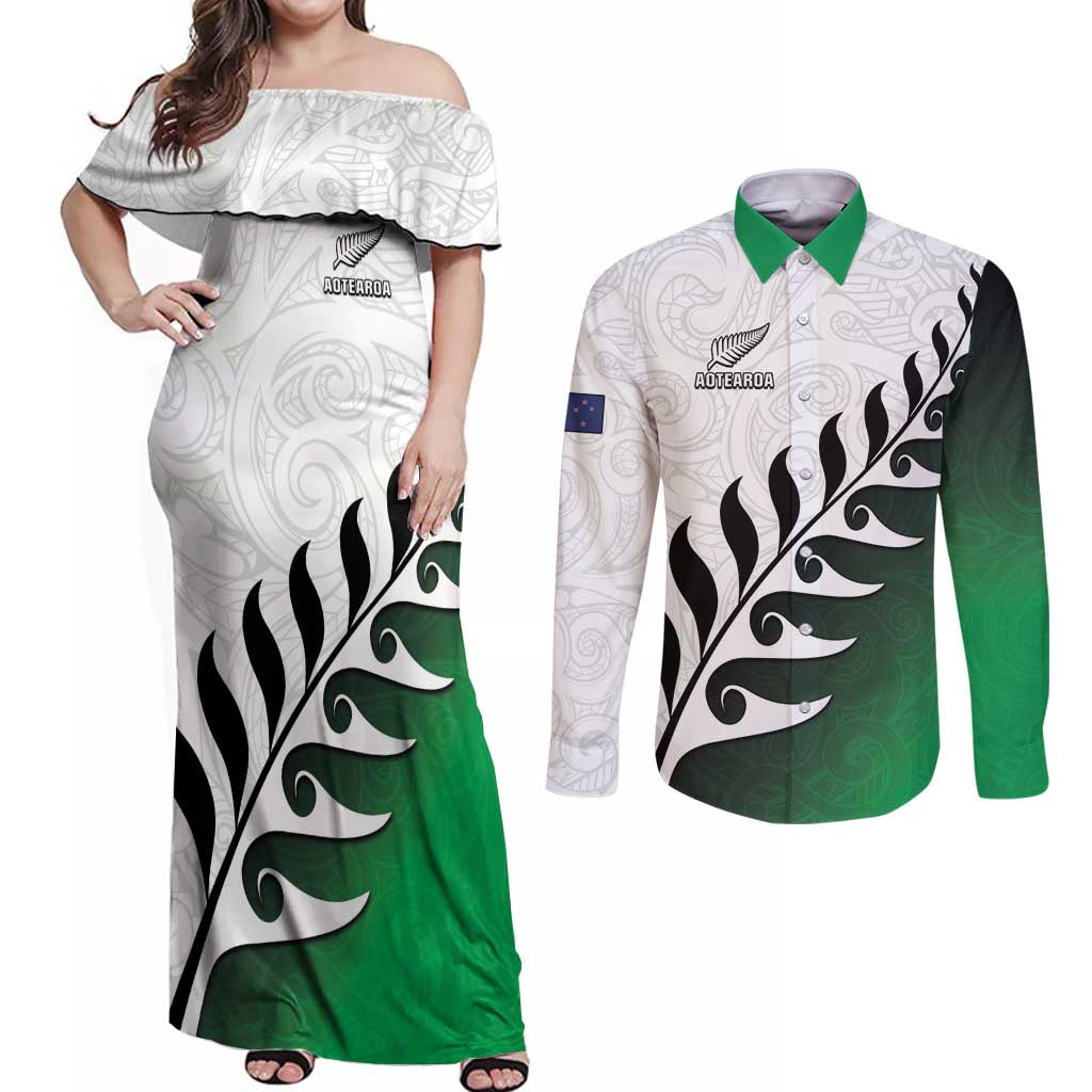 Custom New Zealand Football Couples Matching Off Shoulder Maxi Dress and Long Sleeve Button Shirt Go Aotearoa LT05 Green - Polynesian Pride