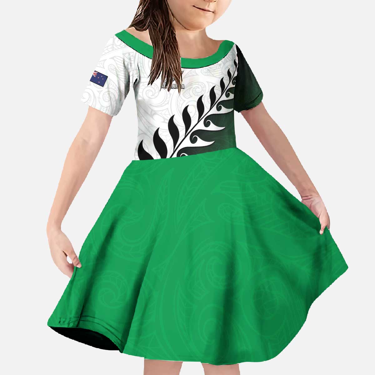 Custom New Zealand Football Family Matching Off The Shoulder Long Sleeve Dress and Hawaiian Shirt Go Aotearoa LT05 Daughter's Dress Green - Polynesian Pride