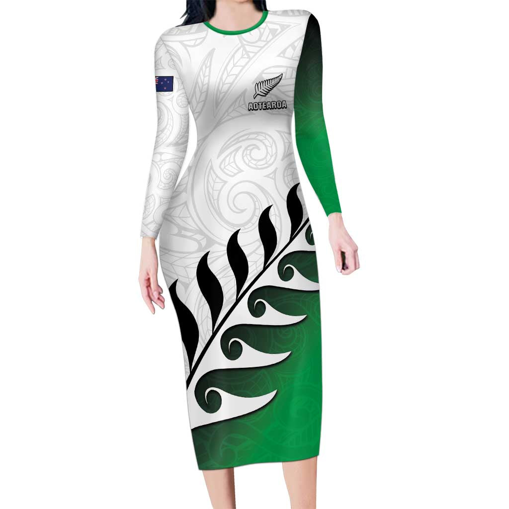 Custom New Zealand Football Long Sleeve Bodycon Dress Go Aotearoa LT05 Long Dress Green - Polynesian Pride
