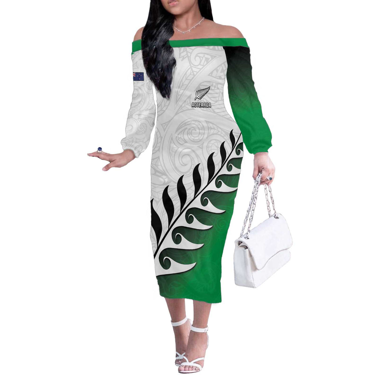Custom New Zealand Football Off The Shoulder Long Sleeve Dress Go Aotearoa LT05 Women Green - Polynesian Pride