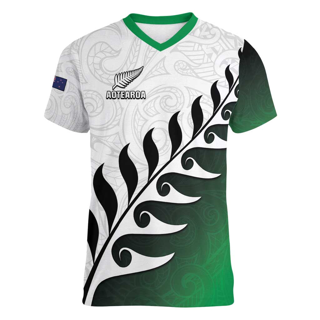 Custom New Zealand Football Women V-Neck T-Shirt Go Aotearoa LT05 Female Green - Polynesian Pride