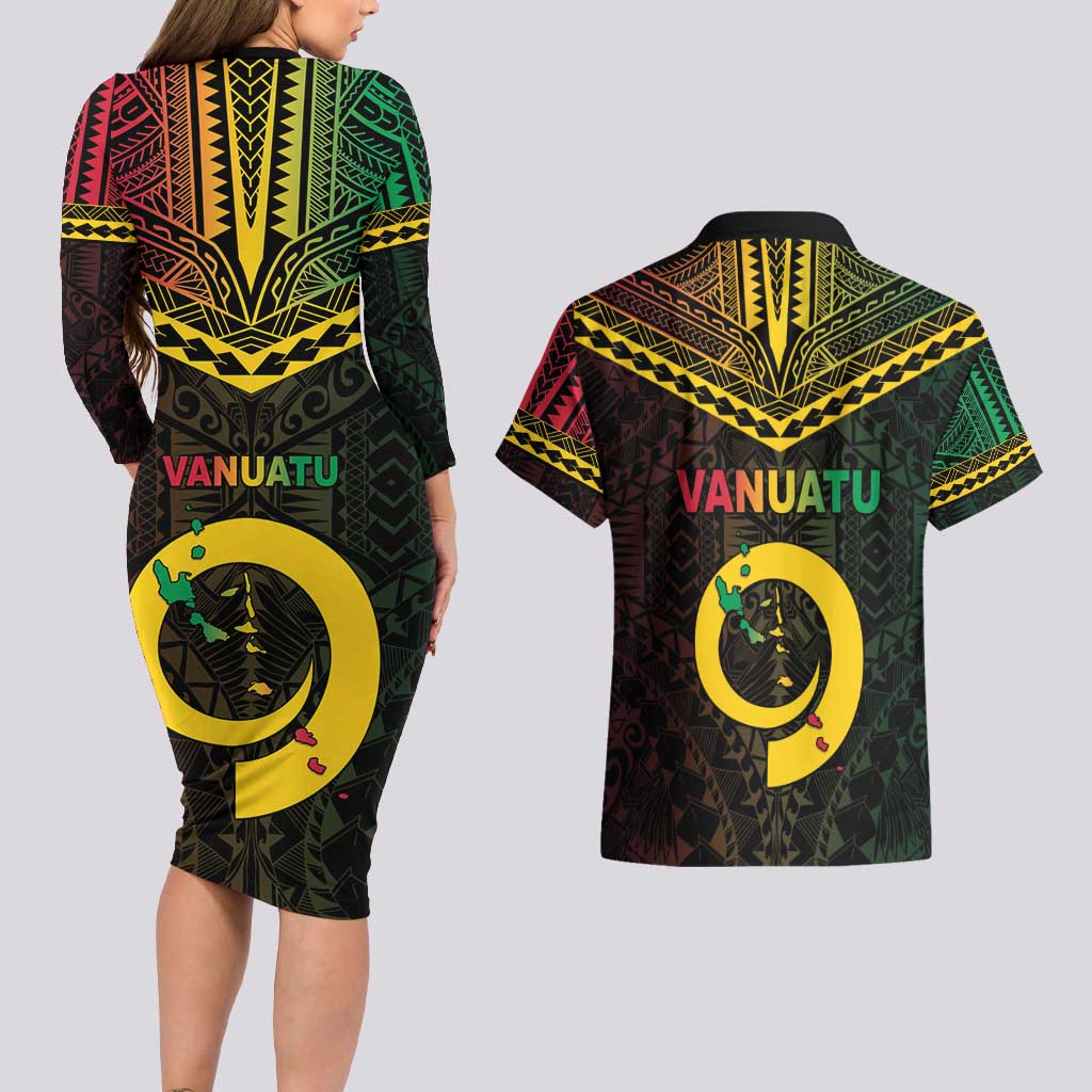 Happy Vanuatu Father Lini Day Couples Matching Long Sleeve Bodycon Dress and Hawaiian Shirt LT05 - Polynesian Pride
