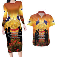 ANZAC Day Couples Matching Long Sleeve Bodycon Dress and Hawaiian Shirt Remembrance Tribute Soldiers And Poppy Field LT05 Orange - Polynesian Pride
