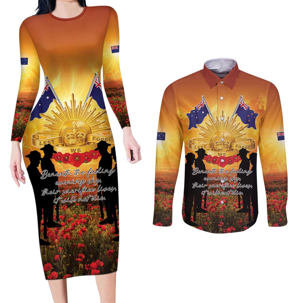 ANZAC Day Couples Matching Long Sleeve Bodycon Dress and Long Sleeve Button Shirt Remembrance Tribute Soldiers And Poppy Field