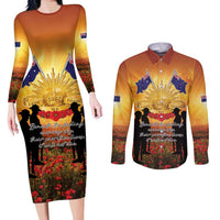 ANZAC Day Couples Matching Long Sleeve Bodycon Dress and Long Sleeve Button Shirt Remembrance Tribute Soldiers And Poppy Field LT05 Orange - Polynesian Pride