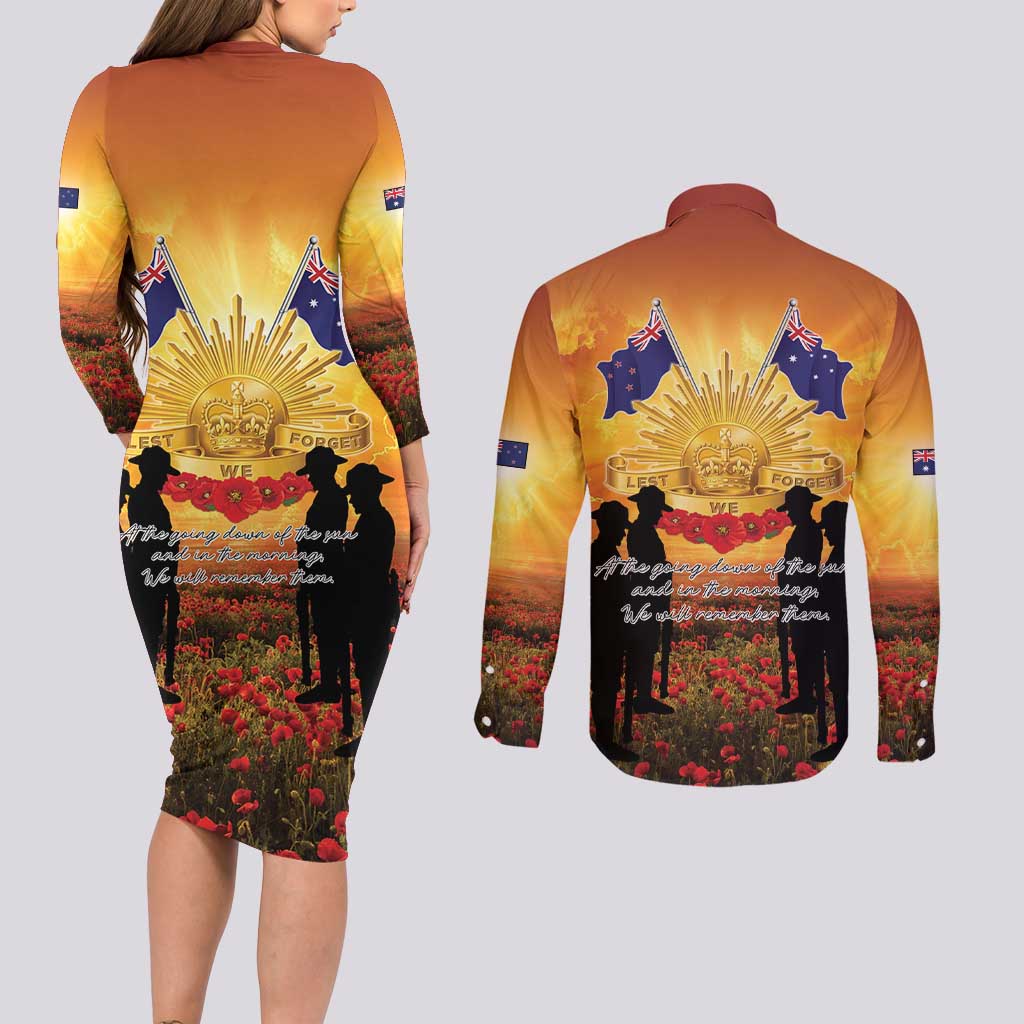ANZAC Day Couples Matching Long Sleeve Bodycon Dress and Long Sleeve Button Shirt Remembrance Tribute Soldiers And Poppy Field LT05 - Polynesian Pride