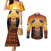 ANZAC Day Couples Matching Mermaid Dress and Long Sleeve Button Shirt Remembrance Tribute Soldiers And Poppy Field LT05 Orange - Polynesian Pride