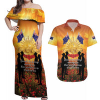 ANZAC Day Couples Matching Off Shoulder Maxi Dress and Hawaiian Shirt Remembrance Tribute Soldiers And Poppy Field LT05 Orange - Polynesian Pride