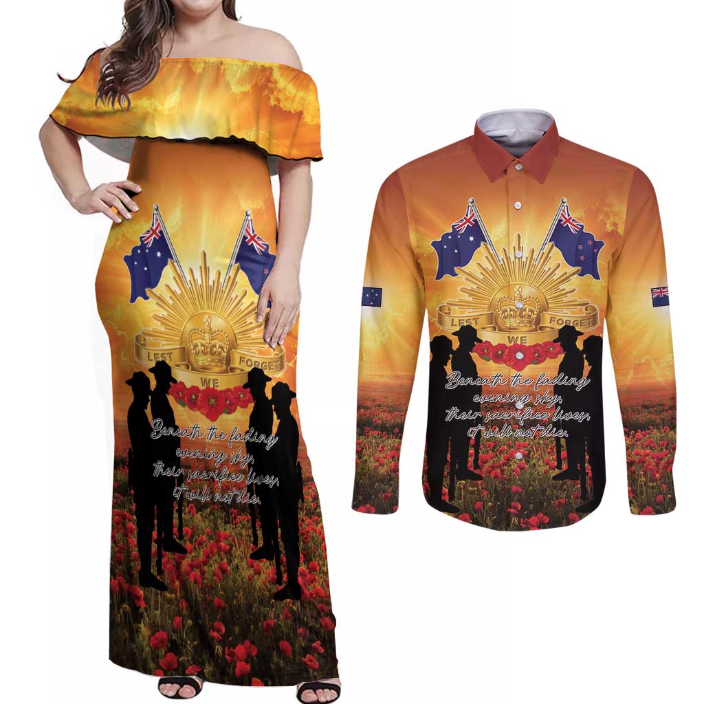 ANZAC Day Couples Matching Off Shoulder Maxi Dress and Long Sleeve Button Shirt Remembrance Tribute Soldiers And Poppy Field LT05 Orange - Polynesian Pride