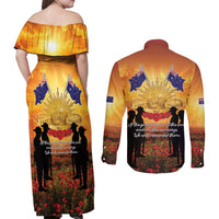 ANZAC Day Couples Matching Off Shoulder Maxi Dress and Long Sleeve Button Shirt Remembrance Tribute Soldiers And Poppy Field LT05 - Polynesian Pride