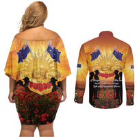 ANZAC Day Couples Matching Off Shoulder Short Dress and Long Sleeve Button Shirt Remembrance Tribute Soldiers And Poppy Field LT05 - Polynesian Pride