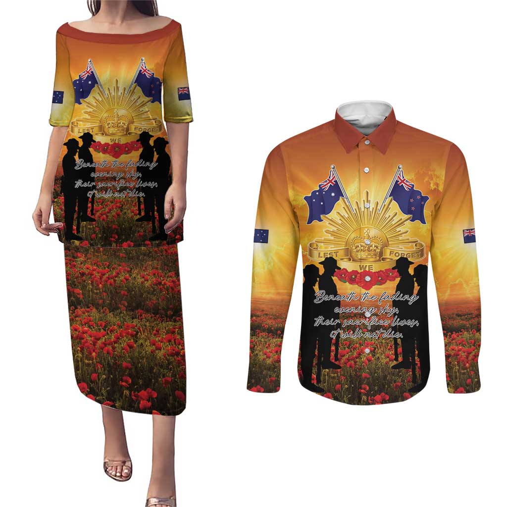 ANZAC Day Couples Matching Puletasi and Long Sleeve Button Shirt Remembrance Tribute Soldiers And Poppy Field LT05 Orange - Polynesian Pride