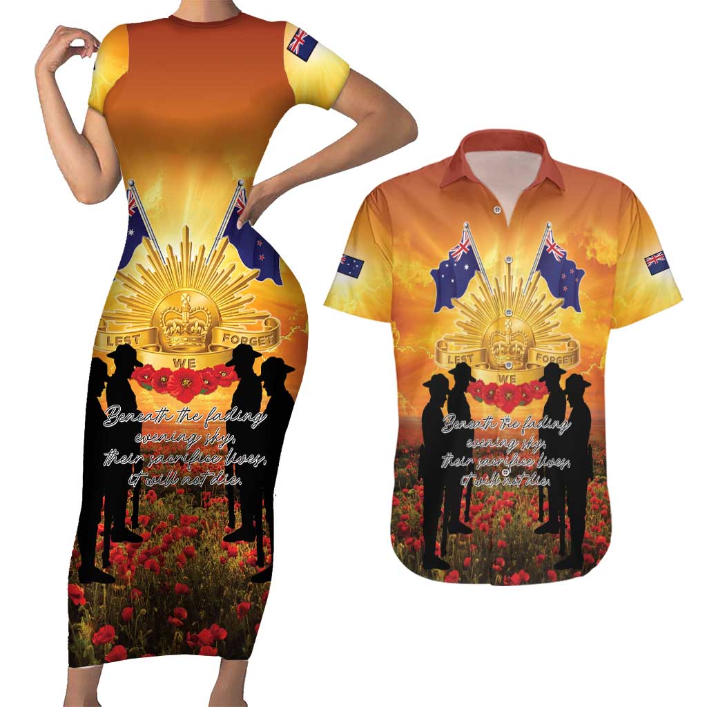 ANZAC Day Couples Matching Short Sleeve Bodycon Dress and Hawaiian Shirt Remembrance Tribute Soldiers And Poppy Field