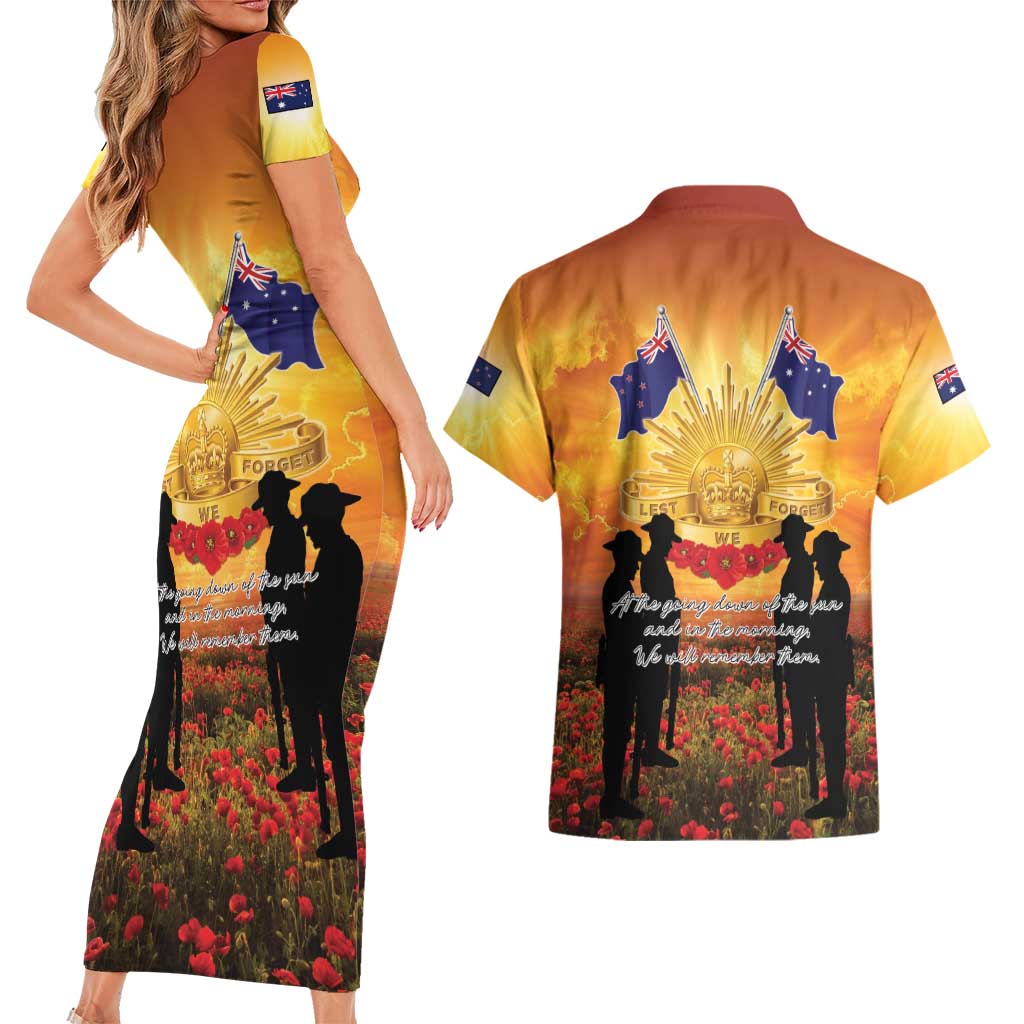 ANZAC Day Couples Matching Short Sleeve Bodycon Dress and Hawaiian Shirt Remembrance Tribute Soldiers And Poppy Field LT05 - Polynesian Pride