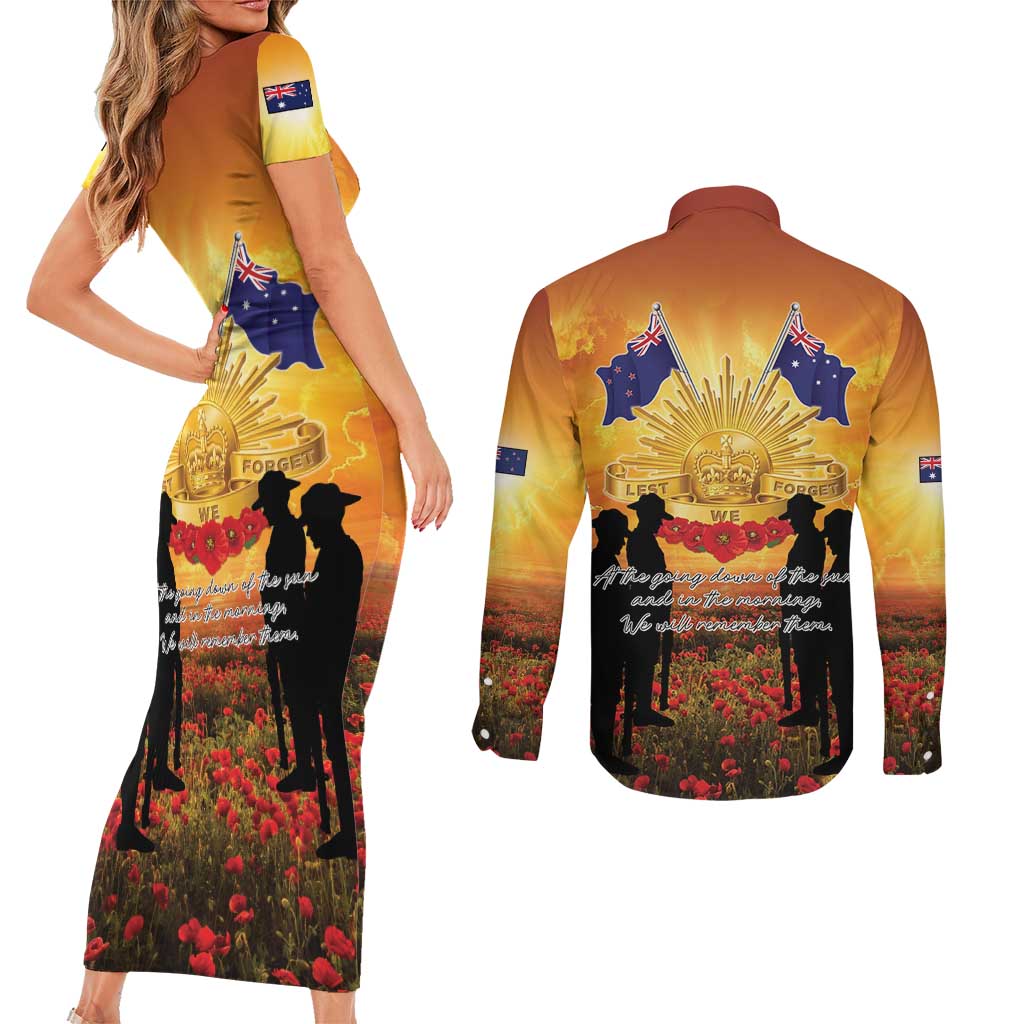 ANZAC Day Couples Matching Short Sleeve Bodycon Dress and Long Sleeve Button Shirt Remembrance Tribute Soldiers And Poppy Field LT05 - Polynesian Pride
