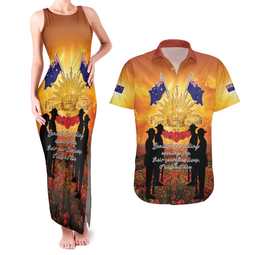 ANZAC Day Couples Matching Tank Maxi Dress and Hawaiian Shirt Remembrance Tribute Soldiers And Poppy Field LT05 Orange - Polynesian Pride