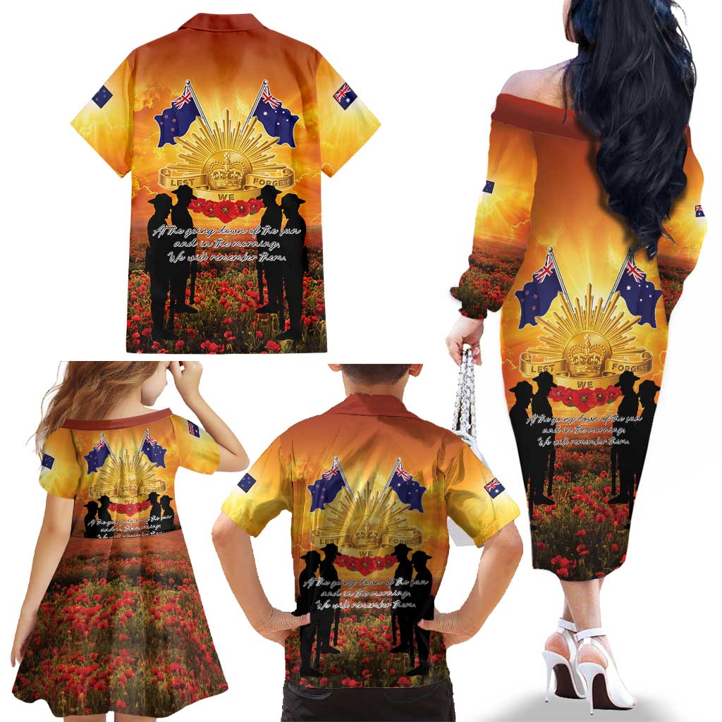 ANZAC Day Family Matching Off The Shoulder Long Sleeve Dress and Hawaiian Shirt Remembrance Tribute Soldiers And Poppy Field LT05 - Polynesian Pride