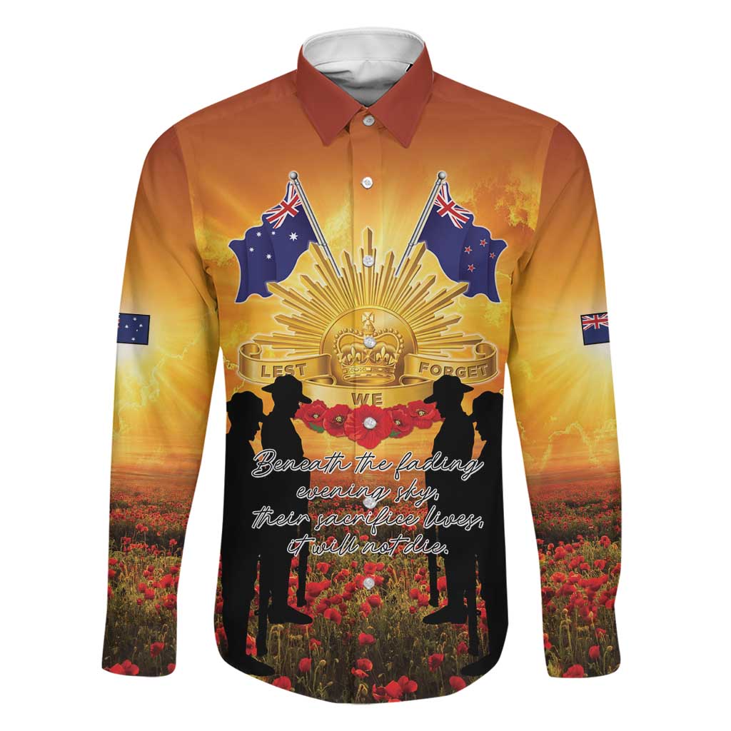 ANZAC Day Family Matching Off Shoulder Maxi Dress and Hawaiian Shirt Remembrance Tribute Soldiers And Poppy Field LT05 Dad's Shirt - Long Sleeve Orange - Polynesian Pride