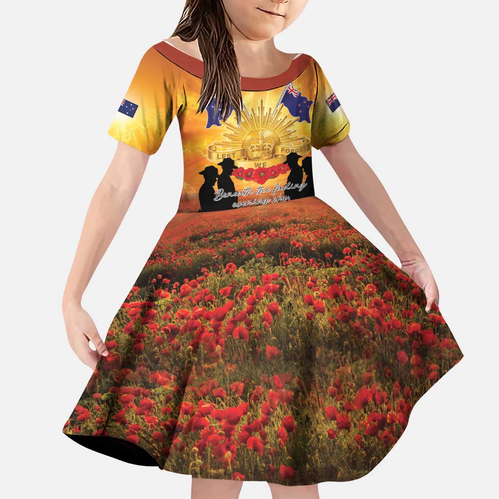 ANZAC Day Family Matching Off Shoulder Short Dress and Hawaiian Shirt Remembrance Tribute Soldiers And Poppy Field LT05 Daughter's Dress Orange - Polynesian Pride