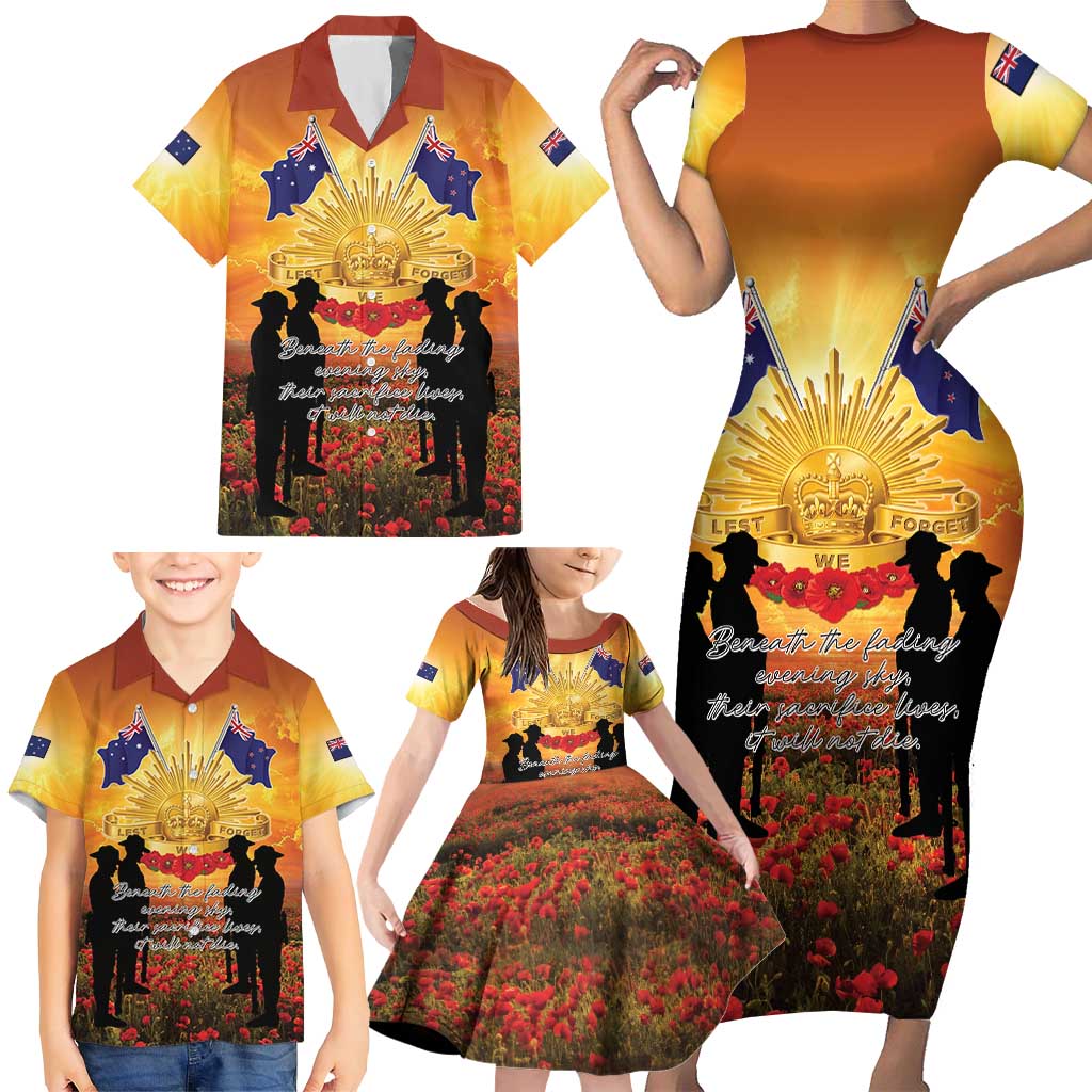 ANZAC Day Family Matching Short Sleeve Bodycon Dress and Hawaiian Shirt Remembrance Tribute Soldiers And Poppy Field LT05 - Polynesian Pride