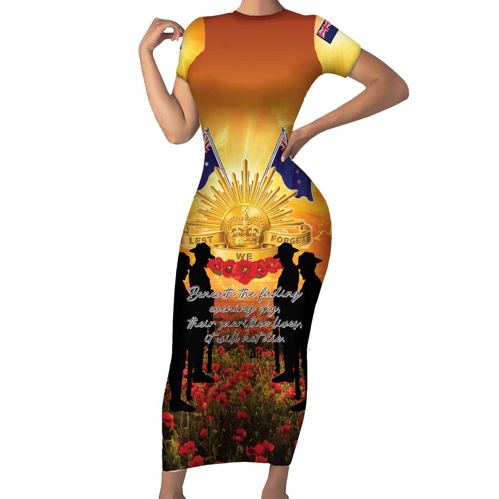 ANZAC Day Family Matching Short Sleeve Bodycon Dress and Hawaiian Shirt Remembrance Tribute Soldiers And Poppy Field LT05 Mom's Dress Orange - Polynesian Pride