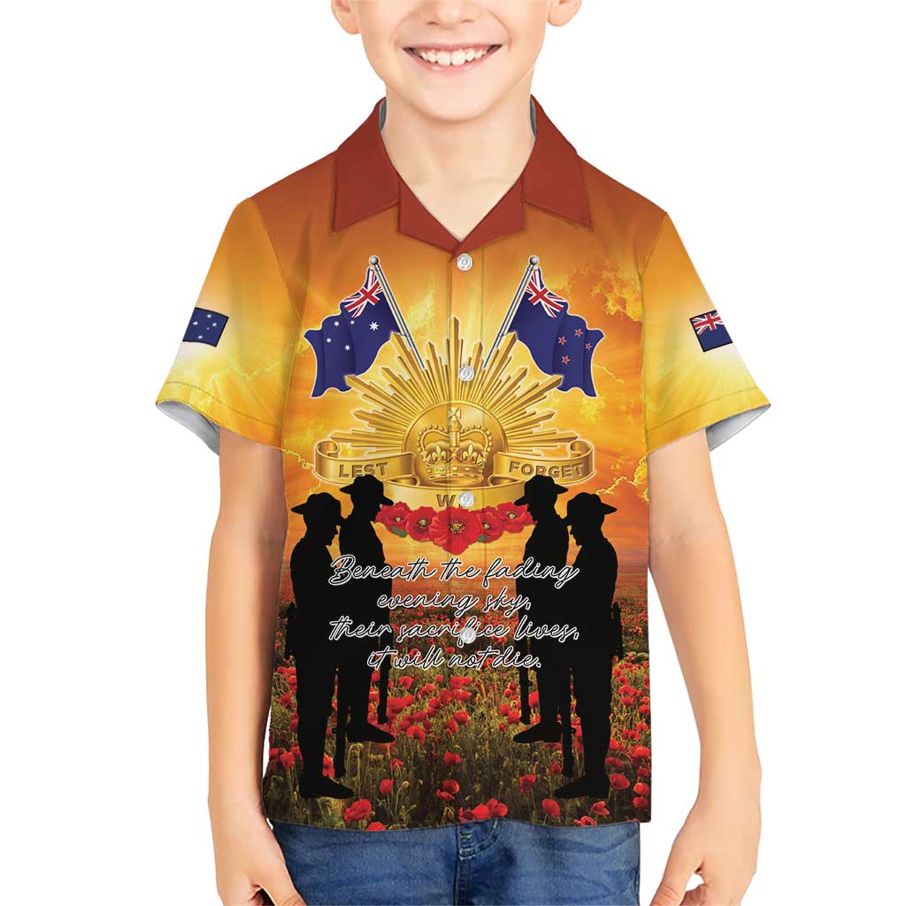 ANZAC Day Family Matching Short Sleeve Bodycon Dress and Hawaiian Shirt Remembrance Tribute Soldiers And Poppy Field LT05 Son's Shirt Orange - Polynesian Pride