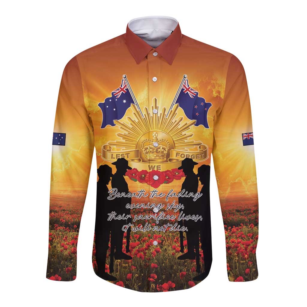 ANZAC Day Long Sleeve Button Shirt Remembrance Tribute Soldiers And Poppy Field