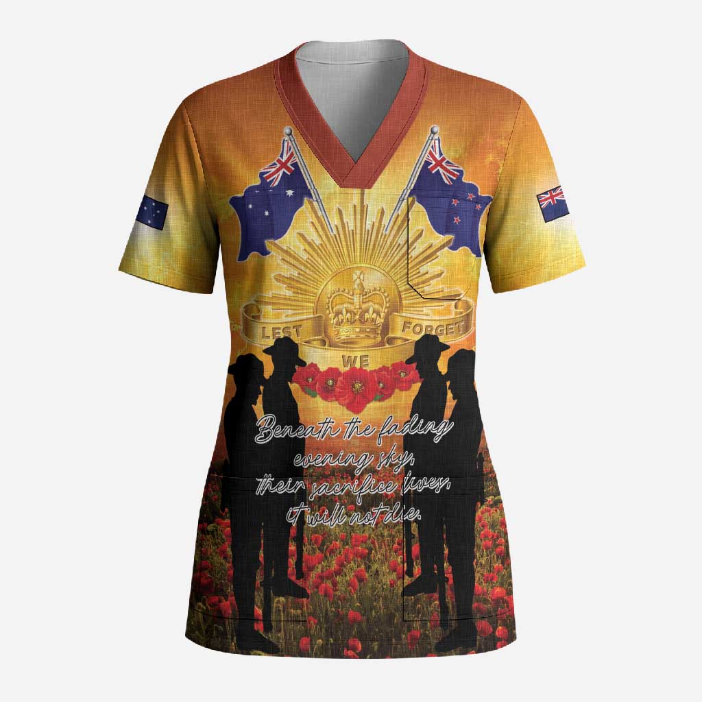 ANZAC Day Scrub Top Remembrance Tribute Soldiers And Poppy Field