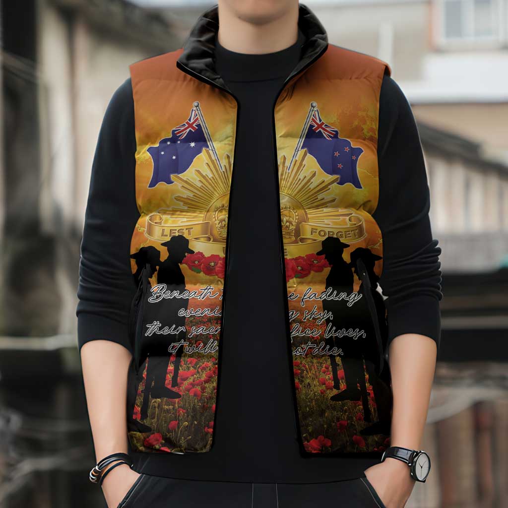 ANZAC Day Sleeveless Puffer Jacket Remembrance Tribute Soldiers And Poppy Field