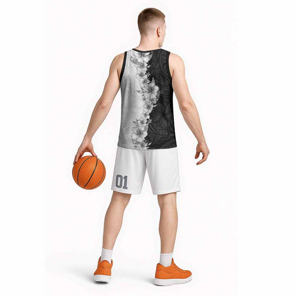 Hawaii Hibiscus Flowers Basketball Jersey Grayscale Polynesian Pattern