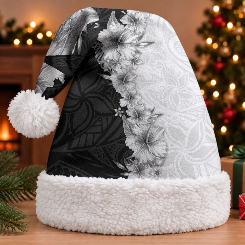 Hawaii Hibiscus Flowers Christmas Santa Hat Grayscale Polynesian Pattern