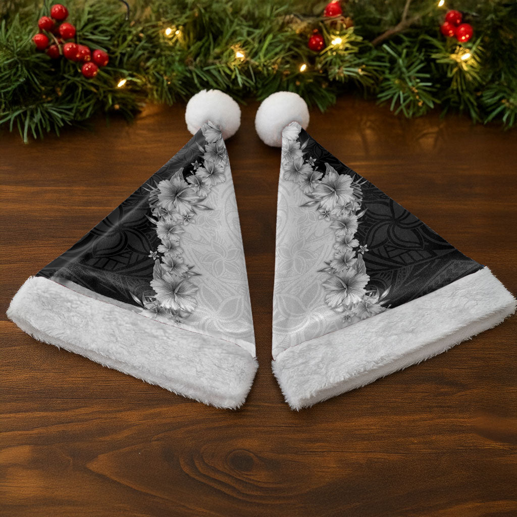 Hawaii Hibiscus Flowers Christmas Santa Hat Grayscale Polynesian Pattern
