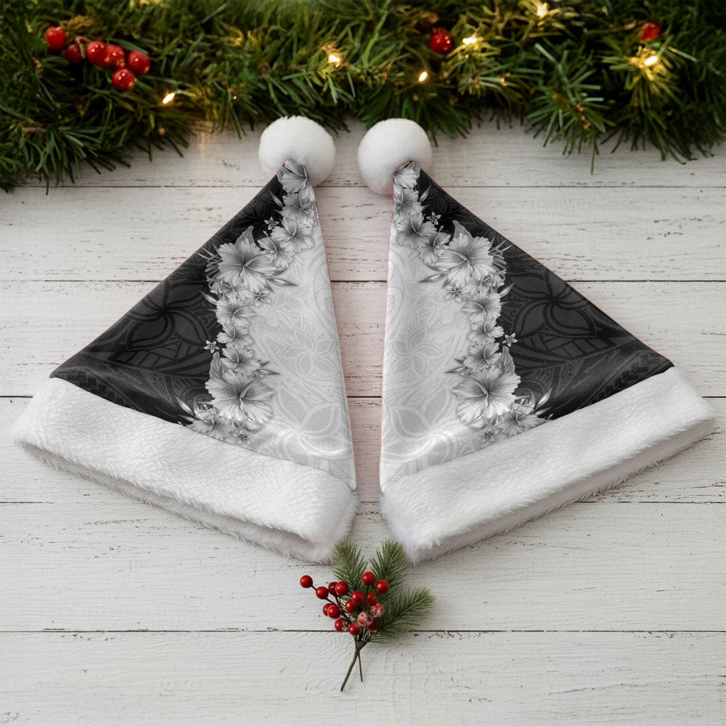 Hawaii Hibiscus Flowers Christmas Santa Hat Grayscale Polynesian Pattern