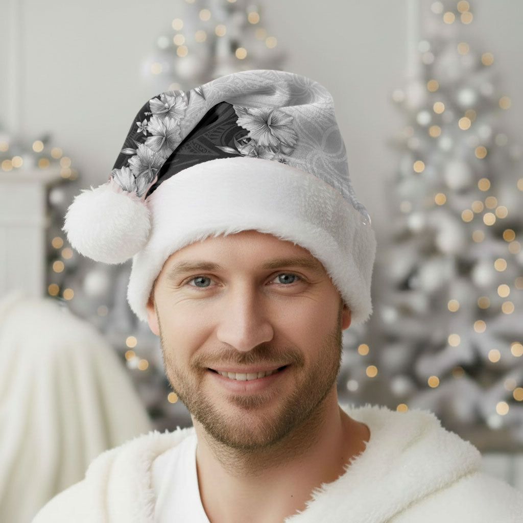 Hawaii Hibiscus Flowers Christmas Santa Hat Grayscale Polynesian Pattern