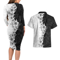 Hawaii Hibiscus Flowers Couples Matching Long Sleeve Bodycon Dress and Hawaiian Shirt Grayscale Polynesian Pattern LT05 - Polynesian Pride
