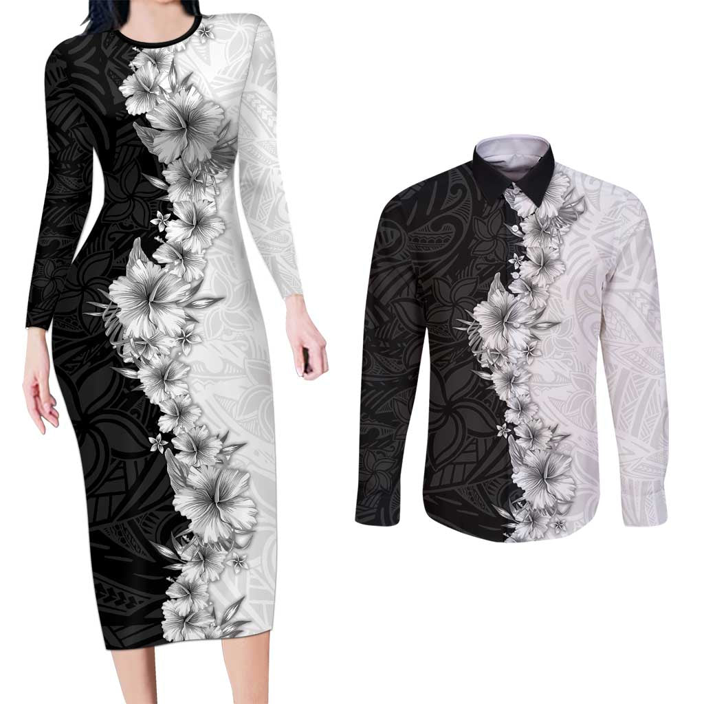 Hawaii Hibiscus Flowers Couples Matching Long Sleeve Bodycon Dress and Long Sleeve Button Shirt Grayscale Polynesian Pattern LT05 Black - Polynesian Pride