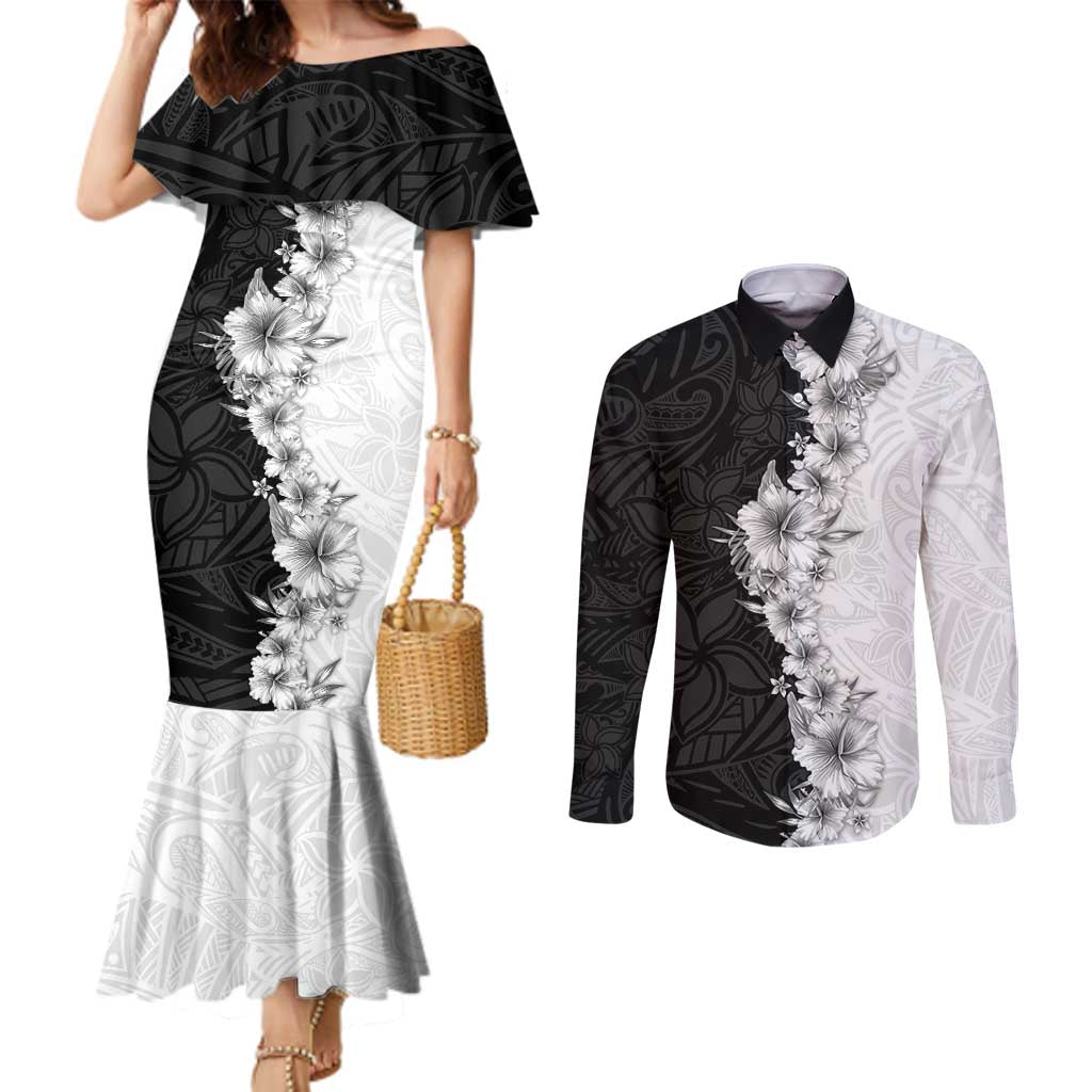 Hawaii Hibiscus Flowers Couples Matching Mermaid Dress and Long Sleeve Button Shirt Grayscale Polynesian Pattern LT05 Black - Polynesian Pride