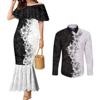 Hawaii Hibiscus Flowers Couples Matching Mermaid Dress and Long Sleeve Button Shirt Grayscale Polynesian Pattern