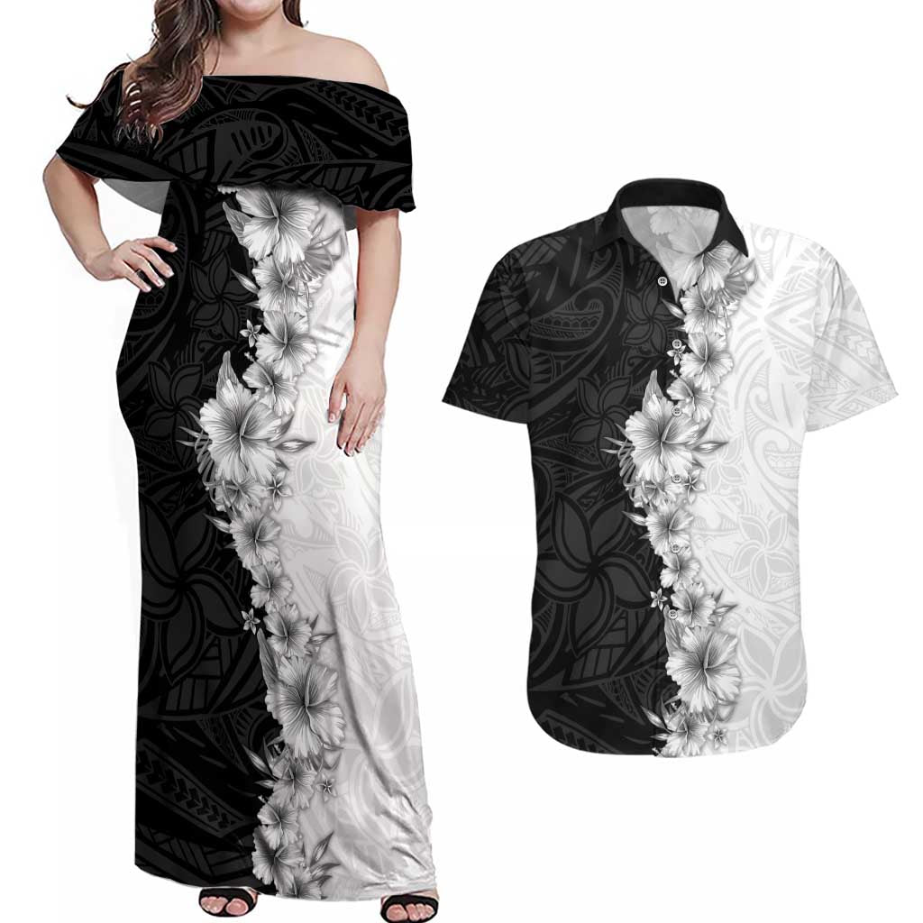 Hawaii Hibiscus Flowers Couples Matching Off Shoulder Maxi Dress and Hawaiian Shirt Grayscale Polynesian Pattern LT05 Black - Polynesian Pride