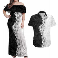 Hawaii Hibiscus Flowers Couples Matching Off Shoulder Maxi Dress and Hawaiian Shirt Grayscale Polynesian Pattern LT05 Black - Polynesian Pride