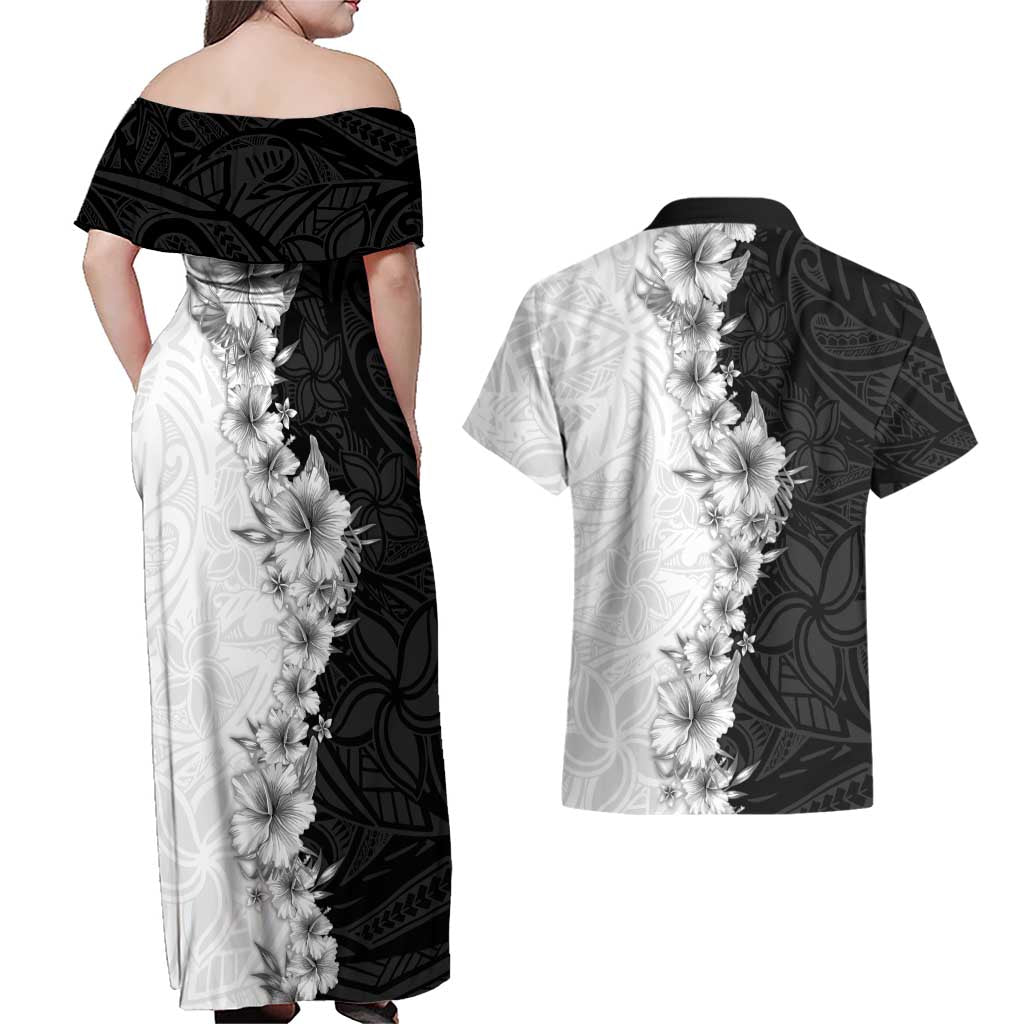 Hawaii Hibiscus Flowers Couples Matching Off Shoulder Maxi Dress and Hawaiian Shirt Grayscale Polynesian Pattern LT05 - Polynesian Pride