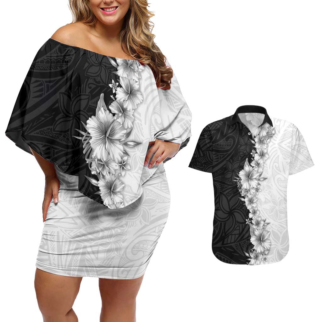 Hawaii Hibiscus Flowers Couples Matching Off Shoulder Short Dress and Hawaiian Shirt Grayscale Polynesian Pattern LT05 Black - Polynesian Pride