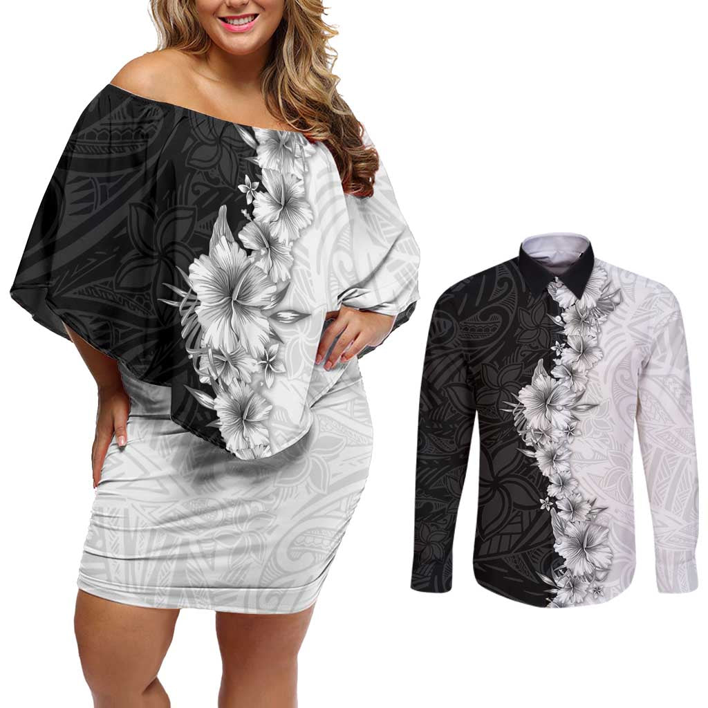 Hawaii Hibiscus Flowers Couples Matching Off Shoulder Short Dress and Long Sleeve Button Shirt Grayscale Polynesian Pattern LT05 Black - Polynesian Pride